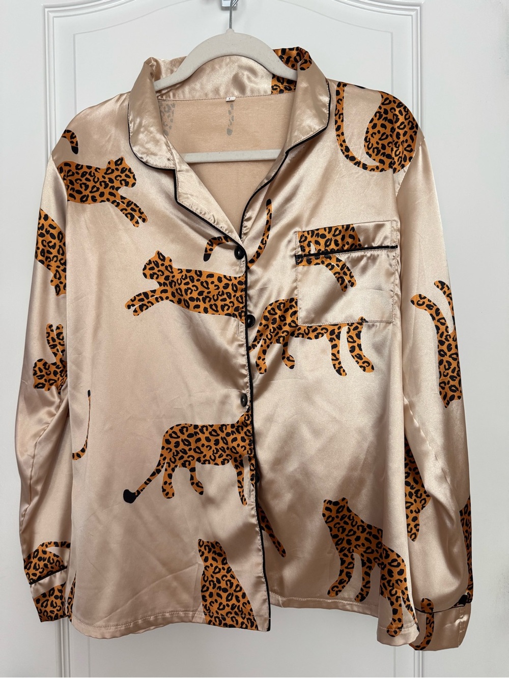 SHEIN Beige Satin Leopard-Print Button Pajama Top